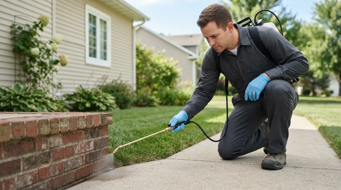 Pest control technician treating a home near Monroe, SD